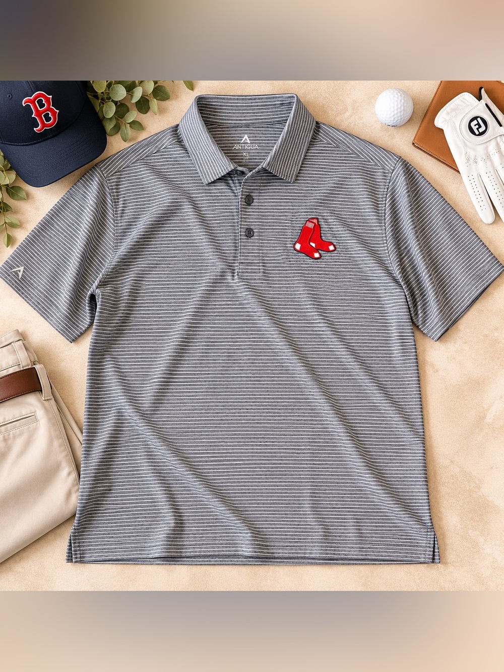 Boston Red Sox Antigua Striped Performance Polo Men’s XL NWT Gray MLB Golf